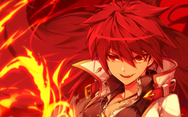 A dynamic HD wallpaper featuring Elesis from the video game Elsword, surrounded by vivid flames and a striking red background, showcasing her fierce and confident expression.
