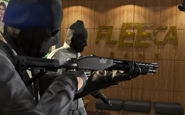 HD PC wallpaper featuring a tense heist scene from the video game Grand Theft Auto V, showing armed characters inside the Fleeca bank.