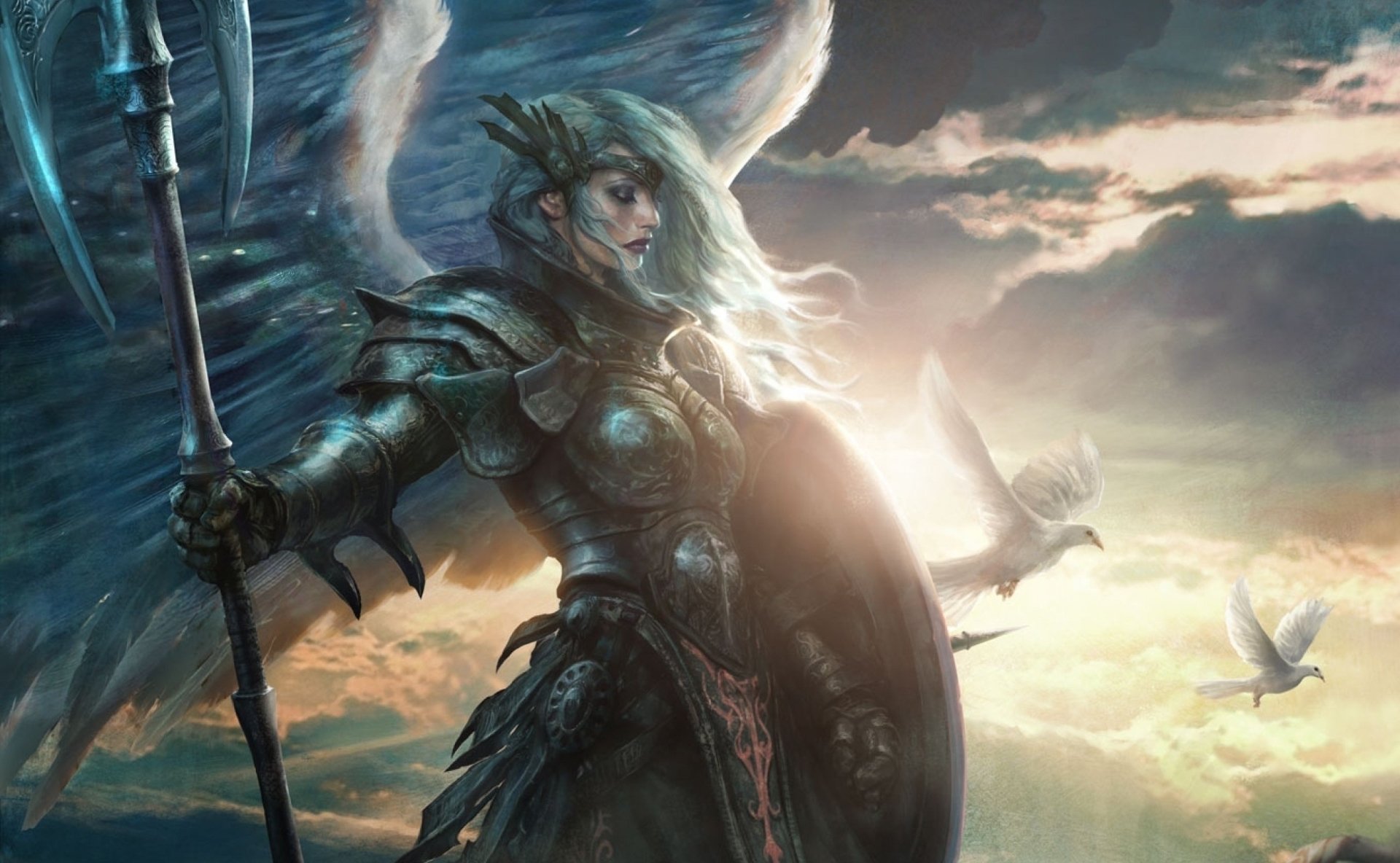 A powerful figure in armor stands against a dramatic sky, wielding a spear and shield, surrounded by doves, embodying a scene from Magic: The Gathering in a striking HD desktop wallpaper.
