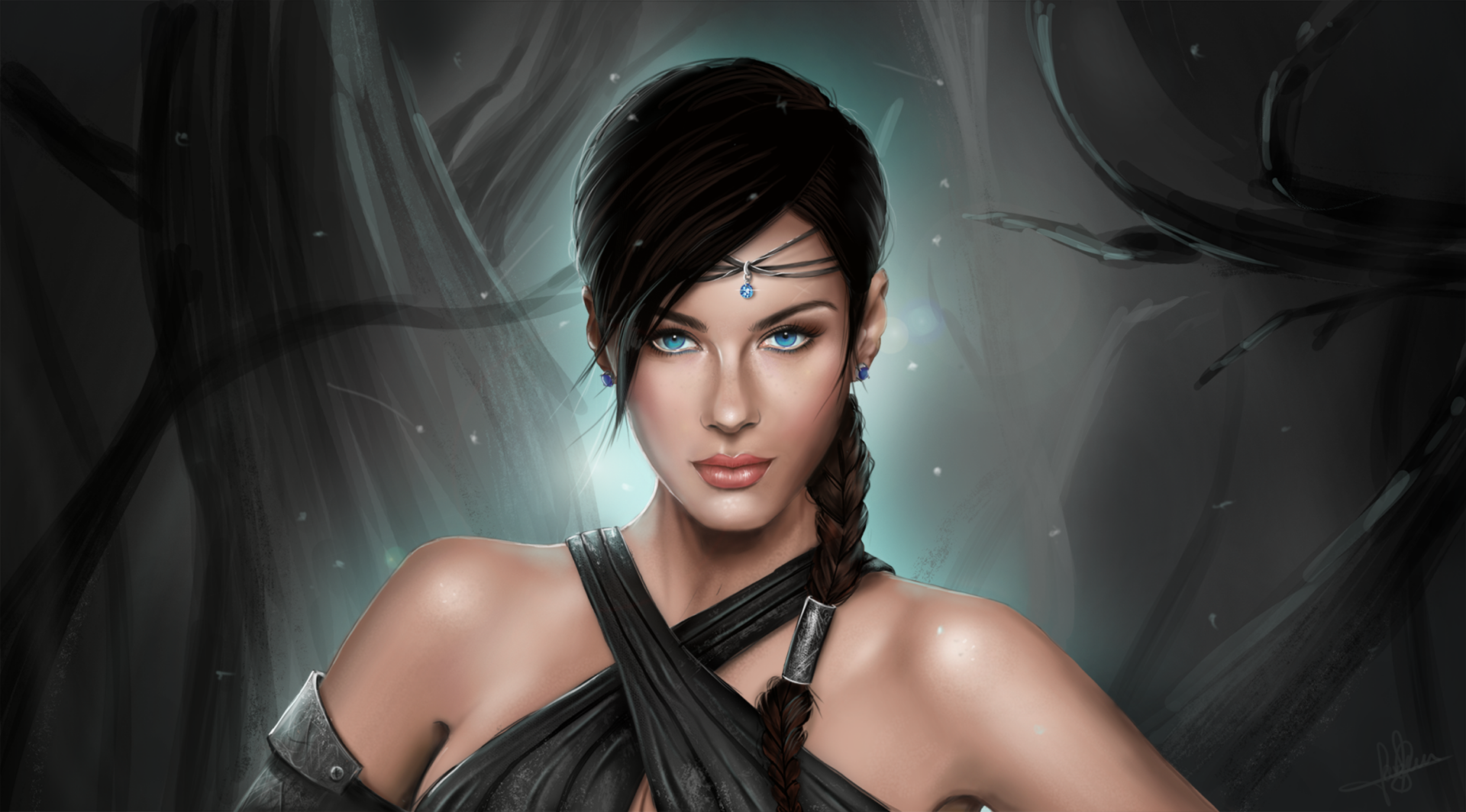 HD desktop wallpaper of a fantasy-themed illustration featuring a woman with dark hair, blue eyes, and a mystical headpiece, set against a swirling gray background.