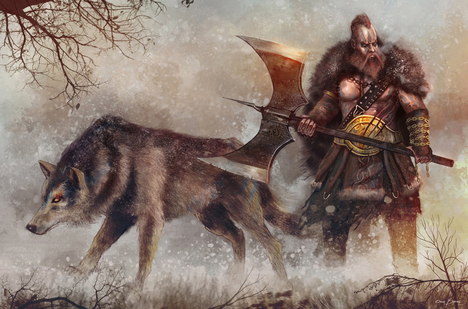 HD PC desktop wallpaper featuring a fierce fantasy warrior clad in armor, wielding a large axe, accompanied by a loyal wolf in a misty, winter forest setting.