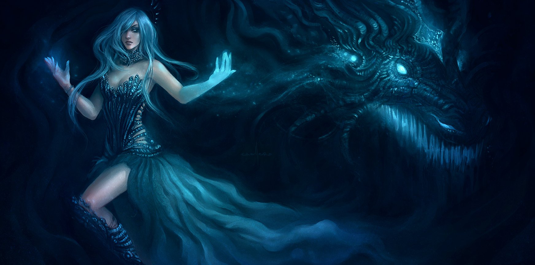 A mystical fantasy scene features a woman in an elegant gown casting magic, with a formidable dragon emerging from the shadows. This captivating image serves as an HD desktop wallpaper.