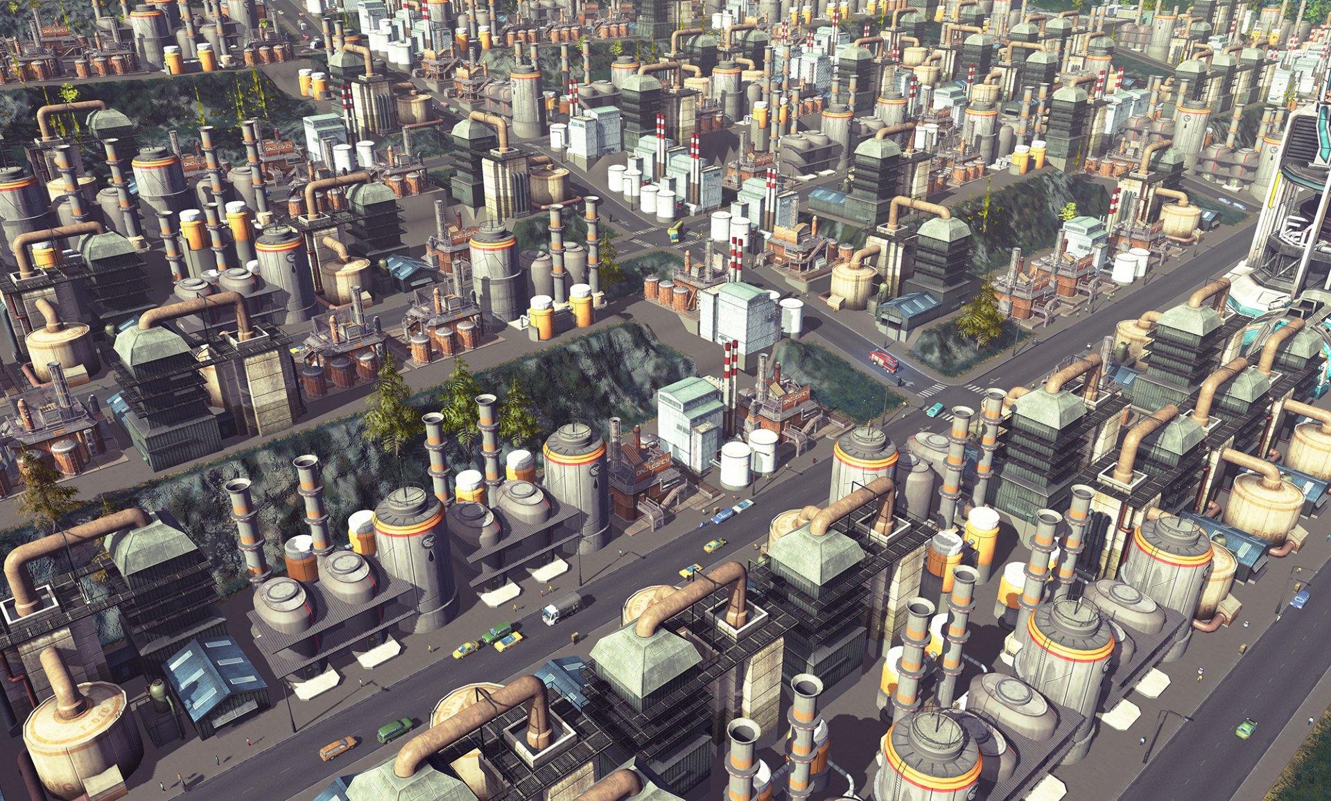 HD Cities: Skylines desktop wallpaper showing a detailed, bustling cityscape with buildings, roads, and industrial areas.