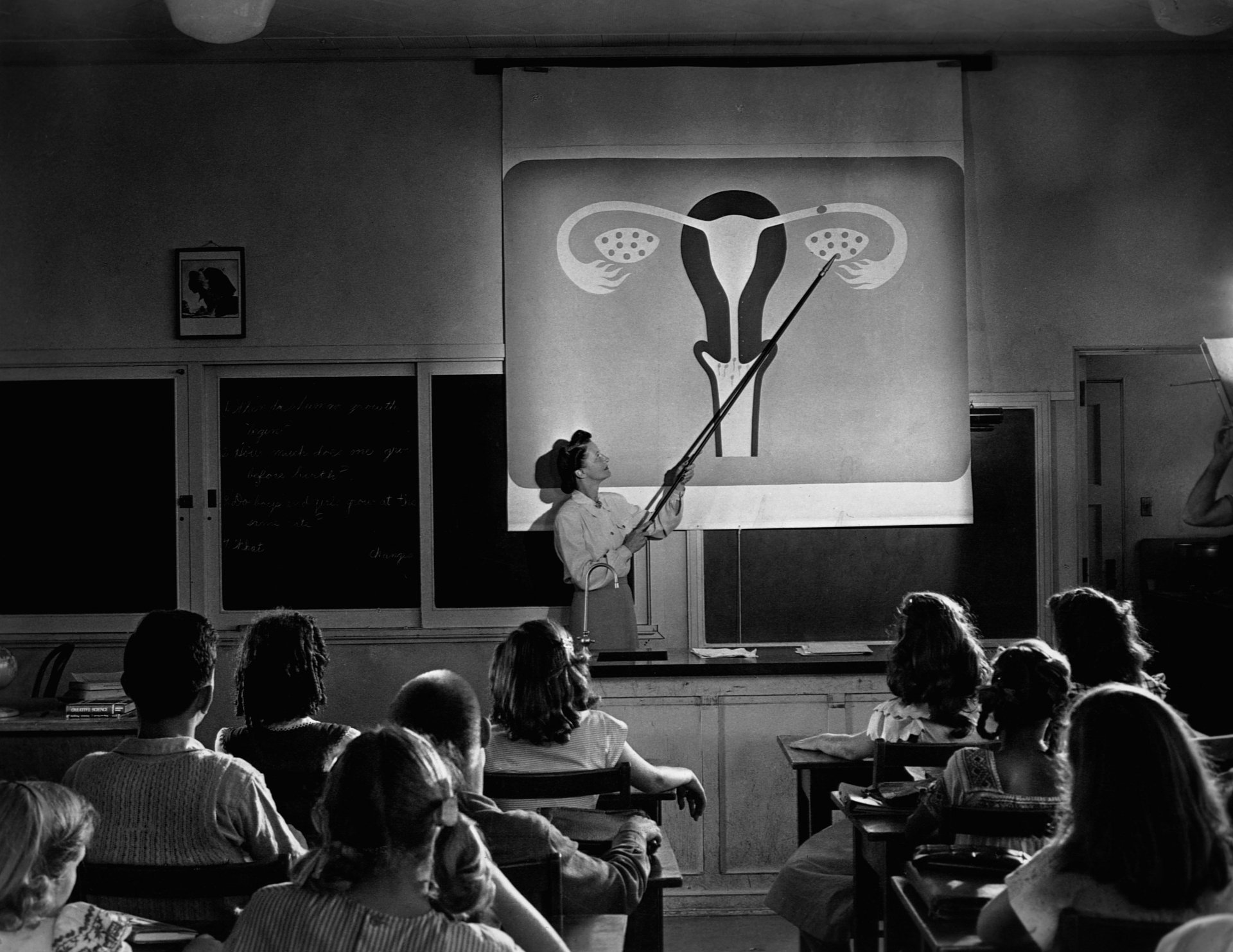 Black & White photography: teacher points to a reproductive-system diagram before students in a classroom — 2K Quad HD PC desktop wallpaper and background.