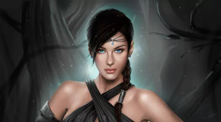 HD desktop wallpaper of a fantasy-themed illustration featuring a woman with dark hair, blue eyes, and a mystical headpiece, set against a swirling gray background.