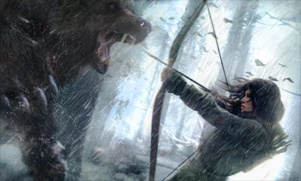 Lara Croft confronts a fierce bear in a snowy landscape in this HD wallpaper from Rise of the Tomb Raider, showcasing tension and adventure in a stunning video game scene.