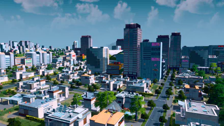 HD desktop wallpaper featuring a vibrant Cities: Skylines cityscape with skyscrapers and residential areas.