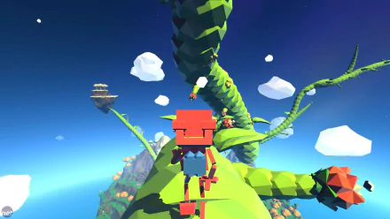 HD wallpaper of Grow Home game featuring the robot protagonist climbing a giant beanstalk in a vibrant, sky-bound setting.