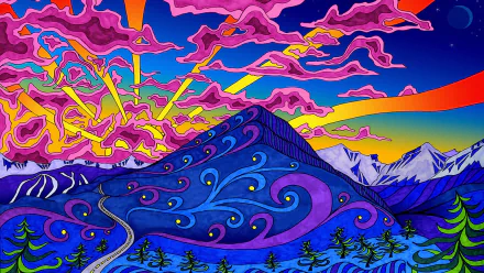 Artistic psychedelic HD desktop wallpaper featuring a vibrant mountain with swirling patterns under a dynamic, colorful sky and distant snowy peaks.
