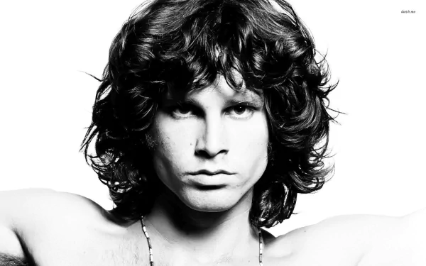 Black and white HD desktop wallpaper featuring a close-up portrait of Jim Morrison from The Doors, capturing his intense expression and iconic hairstyle.