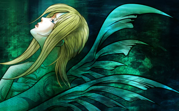 HD PC desktop wallpaper for the video game Parasite Eve: stylized blonde woman gazing upward with flowing green, feather-like wings over a textured teal background.