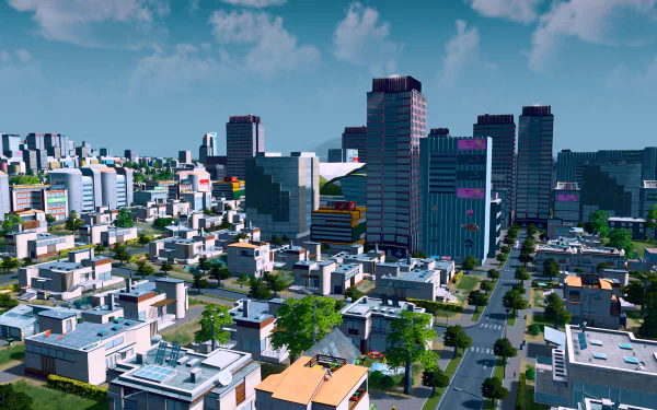 HD desktop wallpaper featuring a vibrant Cities: Skylines cityscape with skyscrapers and residential areas.