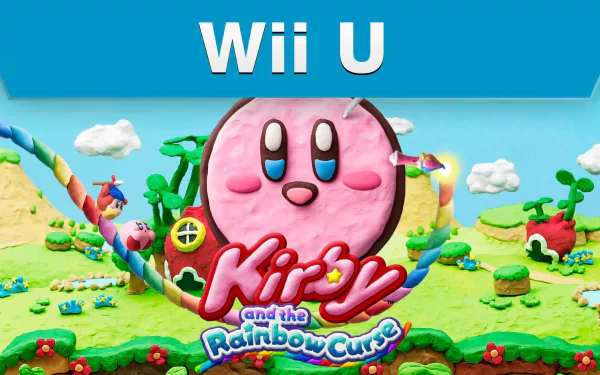 HD desktop wallpaper featuring Kirby from Kirby and the Rainbow Curse for the Wii U, set against a vibrant, colorful clay-like landscape.