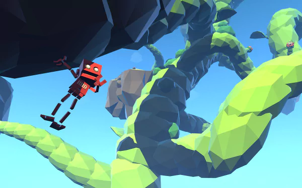 HD desktop wallpaper featuring a scene from Grow Home with a robot character climbing a green plant structure against a clear blue sky.