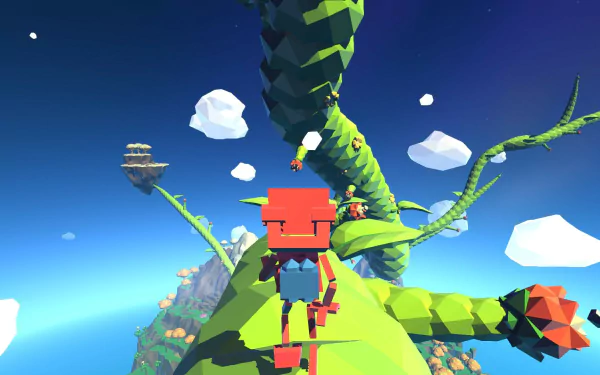 HD wallpaper of Grow Home game featuring the robot protagonist climbing a giant beanstalk in a vibrant, sky-bound setting.