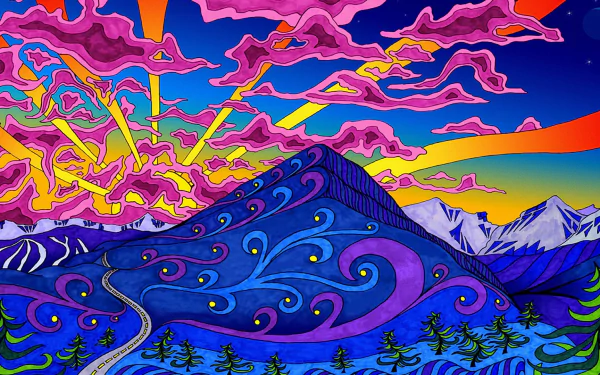 A vibrant, psychedelic landscape featuring a swirling mountain under a colorful sky, perfect as a high-definition desktop wallpaper and background.