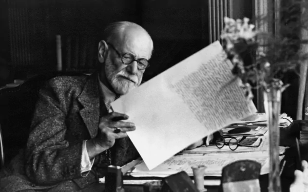 Black and white 4K Ultra HD wallpaper of Sigmund Freud, an elderly man with glasses, carefully examining a handwritten document at his desk.