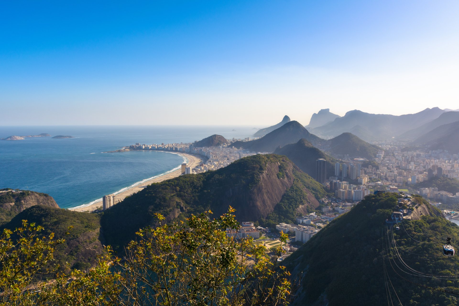 5K Ultra HD desktop wallpaper of Rio de Janeiro: Sugarloaf Mountain rising above Copacabana, cityscape and man-made shoreline framed by rugged mountains and a clear blue sky.