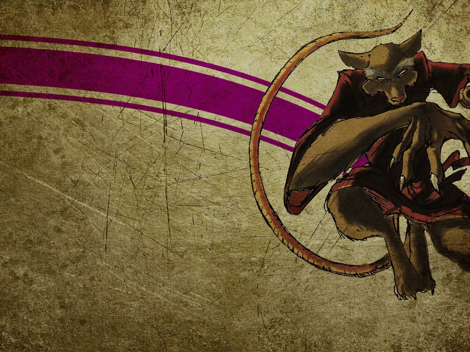 Comic-style Teenage Mutant Ninja Turtles HD PC desktop wallpaper: Master Splinter leaping at right against a textured grunge background with bold purple stripes.