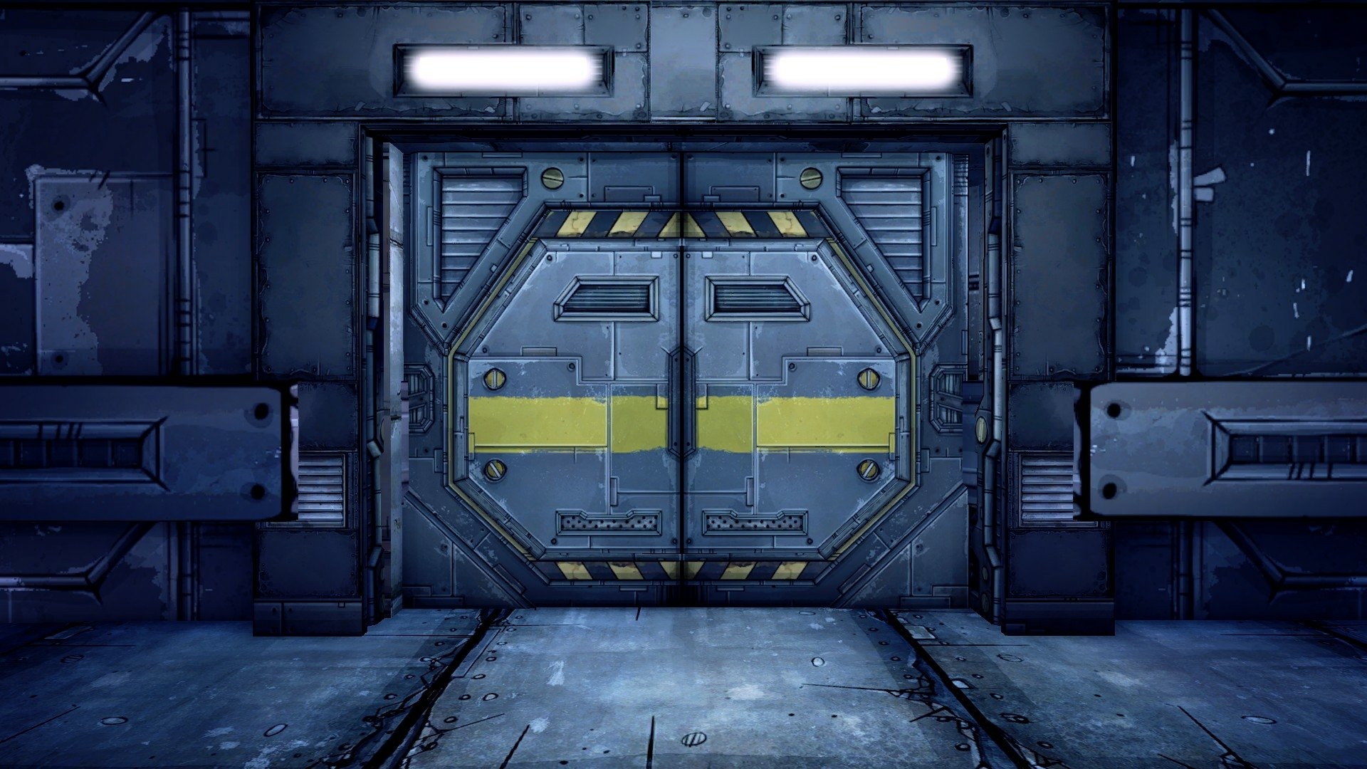 HD PC desktop wallpaper from the video game Borderlands 2, featuring a futuristic industrial door with metallic textures and yellow caution stripes.