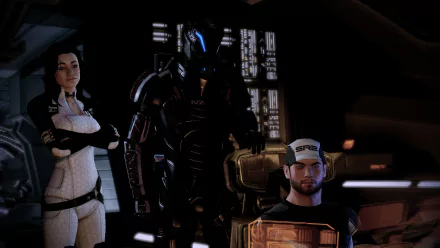 HD PC desktop wallpaper of Miranda Lawson from the video game Mass Effect 2, standing with an armored turian ally and a seated crewmember inside a starship.