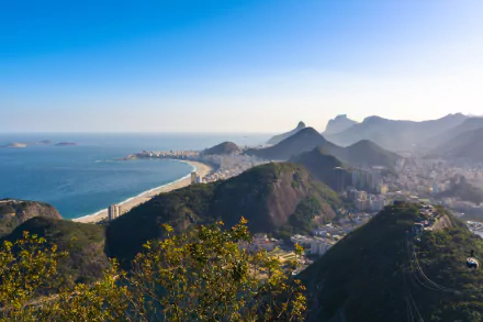 5K Ultra HD desktop wallpaper of Rio de Janeiro: Sugarloaf Mountain rising above Copacabana, cityscape and man-made shoreline framed by rugged mountains and a clear blue sky.