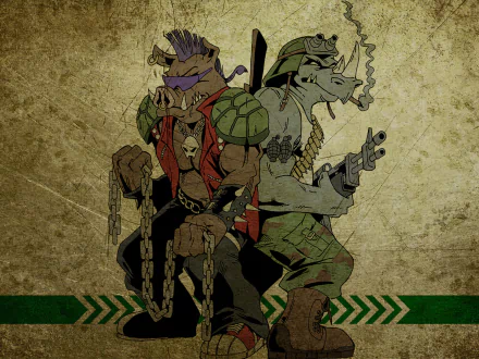 HD PC desktop wallpaper featuring Bebop and Rocksteady from Teenage Mutant Ninja Turtles in a gritty comic-style illustration.