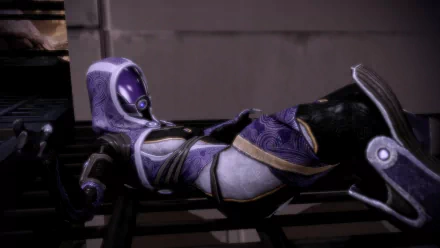 Tali'Zorah from Mass Effect in her purple quarian suit, reclining in a cinematic pose — HD PC desktop wallpaper/background.