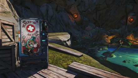 Borderlands 2 video game HD PC desktop wallpaper: cartoonish vending machine with a medical cross on a wooden dock overlooking a glowing cavern pool and jagged rock walls.