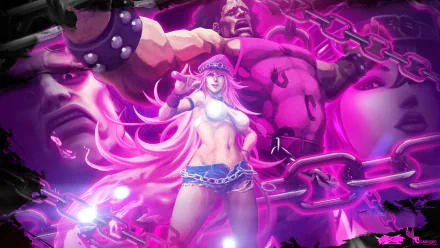 HD PC desktop wallpaper for the video game Street Fighter X Tekken: a pink‑haired female fighter in chains stands before a hulking opponent amid glowing purple energy.