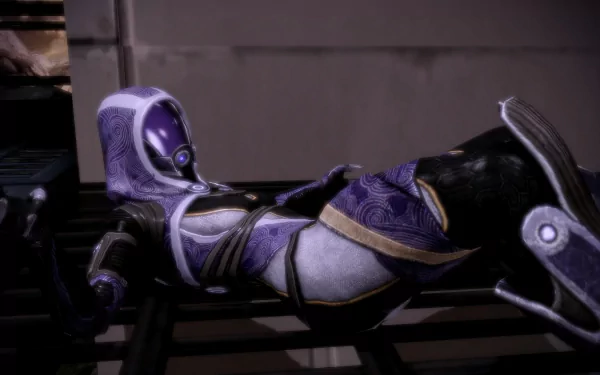 Tali'Zorah from Mass Effect in her purple quarian suit, reclining in a cinematic pose — HD PC desktop wallpaper/background.