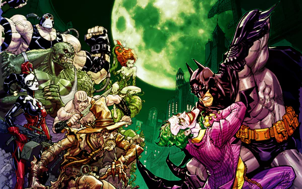 A vibrant HD wallpaper featuring iconic DC Comics villains—Joker, Poison Ivy, Scarecrow, Harley Quinn, and Bane—facing off against Batman from the game Batman: Arkham Asylum.
