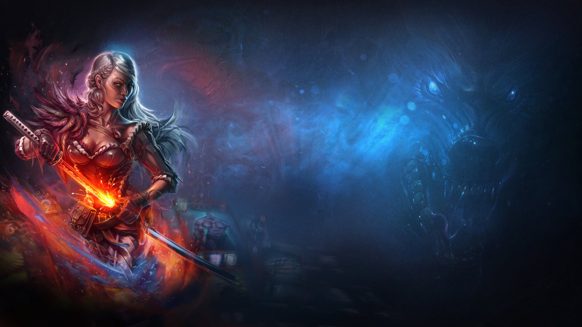 HD PC desktop wallpaper featuring a fierce female warrior wielding a glowing sword from the video game Nightbanes, set against a dark, mystical backdrop.