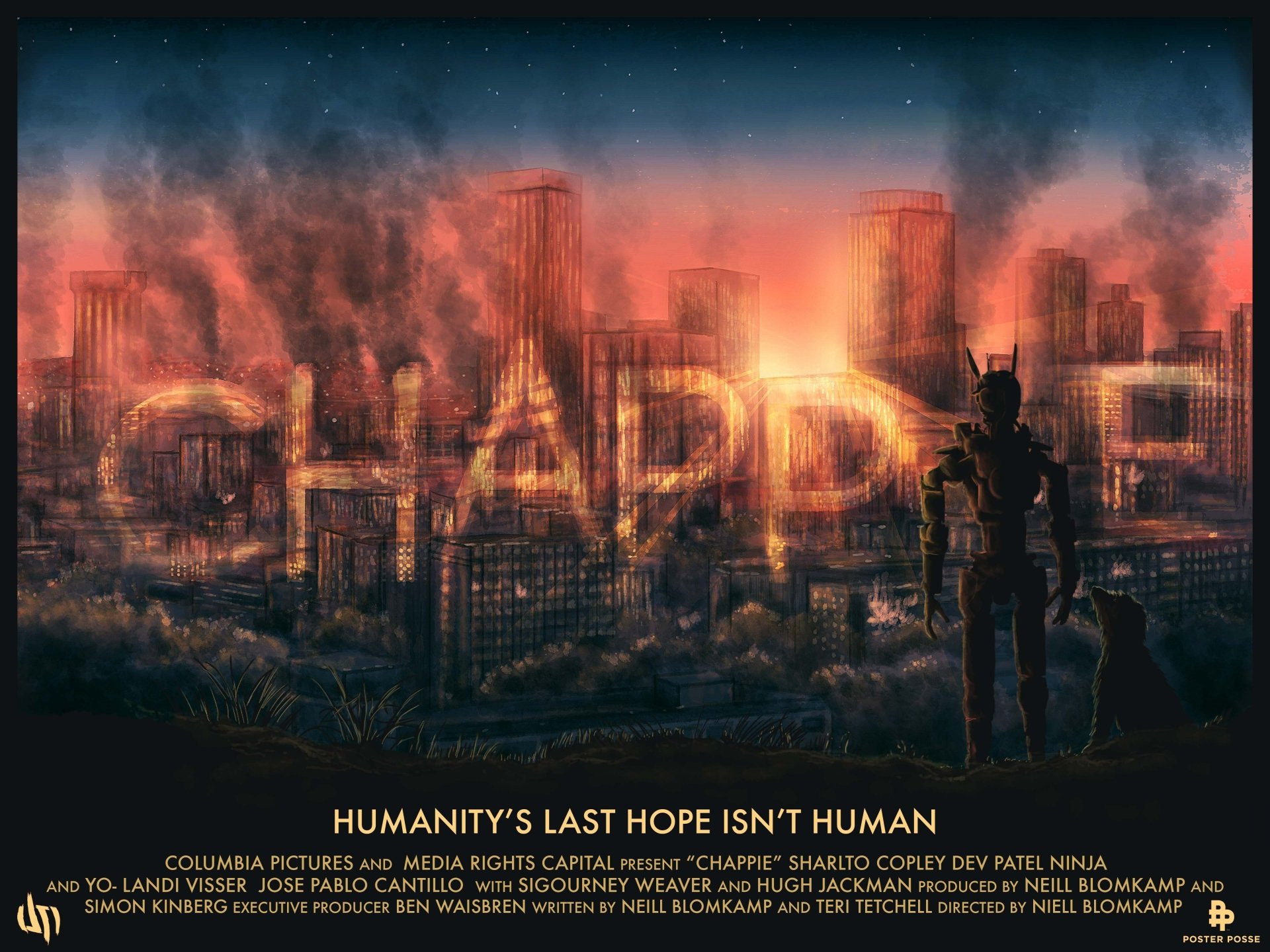 HD desktop wallpaper of Chappie with the robot against a fiery cityscape background, tagged Humanity's last hope isn't human.