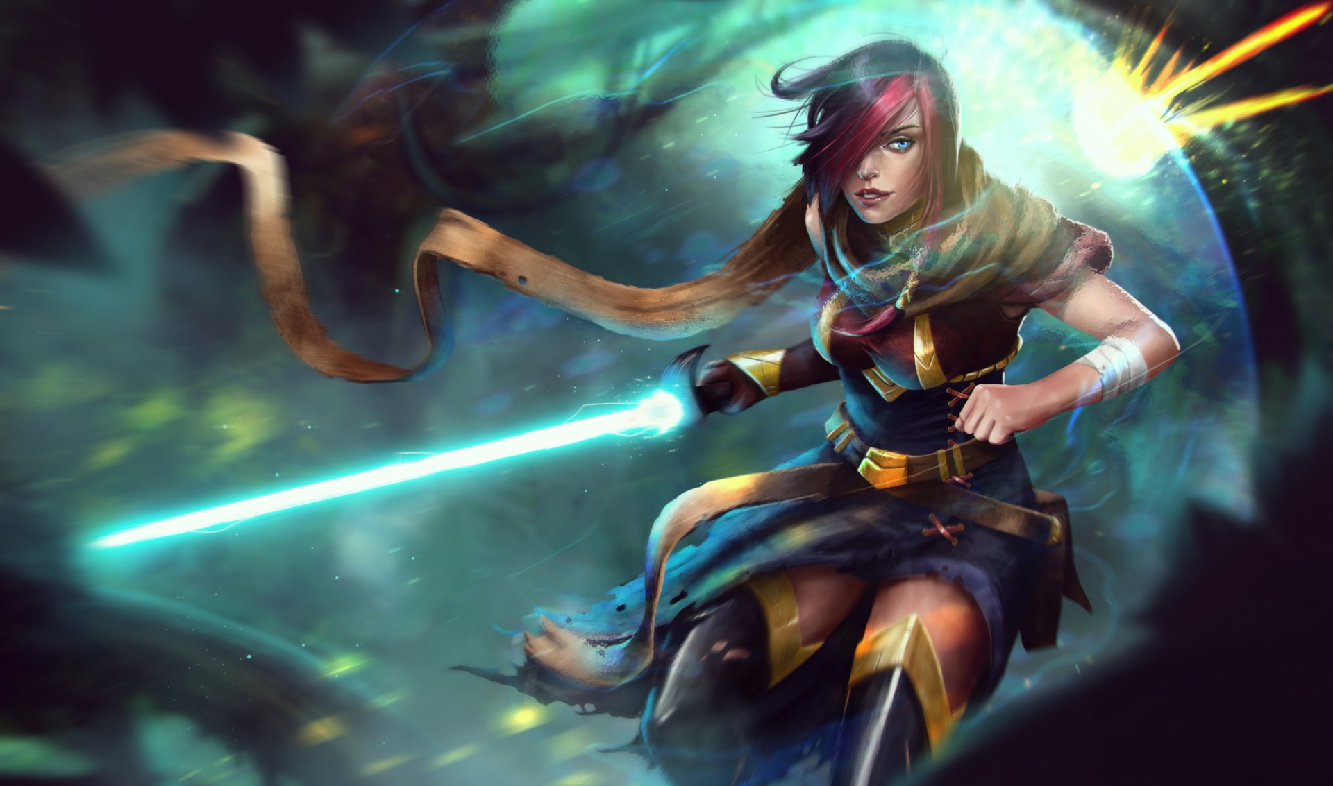 HD PC desktop wallpaper featuring Fiora, a champion from the video game League of Legends, poised with her glowing sword amidst a dynamic, misty background.