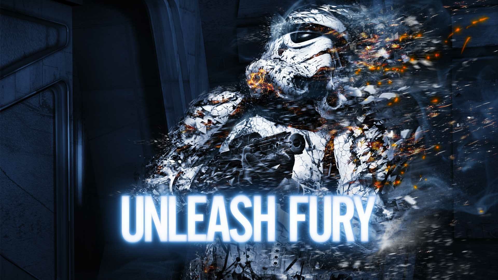 HD PC desktop wallpaper from the video game Star Wars: The Force Unleashed II featuring a disintegrating Stormtrooper with the text Unleash Fury.