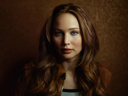 High-definition wallpaper featuring Jennifer Lawrence, showcasing her captivating expression against a warm brown background.