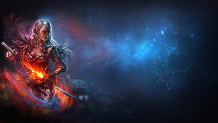HD PC desktop wallpaper featuring a fierce female warrior wielding a glowing sword from the video game Nightbanes, set against a dark, mystical backdrop.