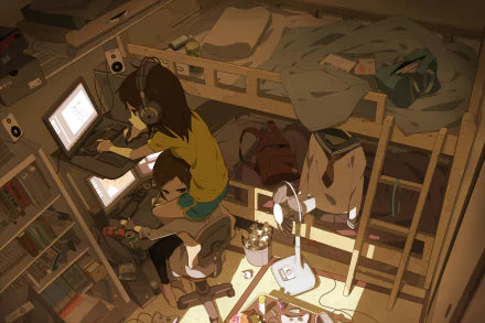 A cozy anime room featuring two girls with short brown hair in school uniforms. One wears headphones and uses a laptop while the other sits nearby with a book. Richly detailed and colorful.