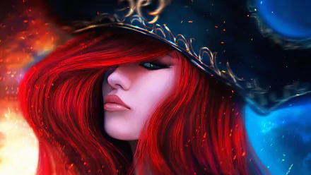 Miss Fortune from League of Legends showcases her striking red hair and tricorn hat in this vibrant HD desktop wallpaper, capturing the essence of the iconic video game character.