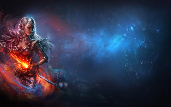 HD PC desktop wallpaper featuring a fierce female warrior wielding a glowing sword from the video game Nightbanes, set against a dark, mystical backdrop.