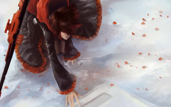 Anime-style HD PC wallpaper of Ruby Rose from RWBY kneeling by a snow-covered gravestone, surrounded by scattered red petals.