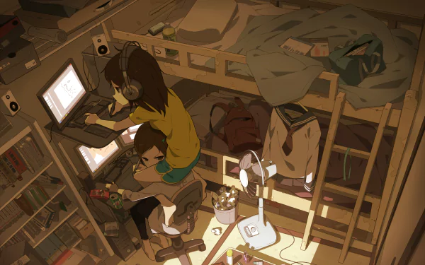 A cozy anime room featuring two girls with short brown hair in school uniforms. One wears headphones and uses a laptop while the other sits nearby with a book. Richly detailed and colorful.