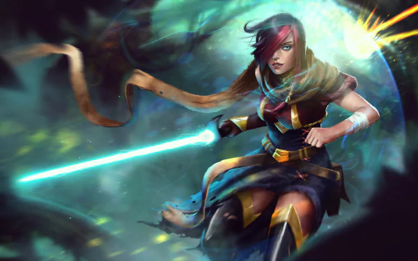 HD PC desktop wallpaper featuring Fiora, a champion from the video game League of Legends, poised with her glowing sword amidst a dynamic, misty background.