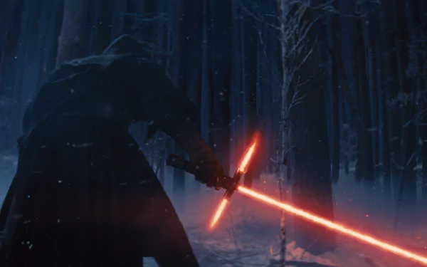 HD desktop wallpaper featuring Kylo Ren wielding a red lightsaber in a dark, snowy forest setting from Star Wars Episode VII: The Force Awakens.