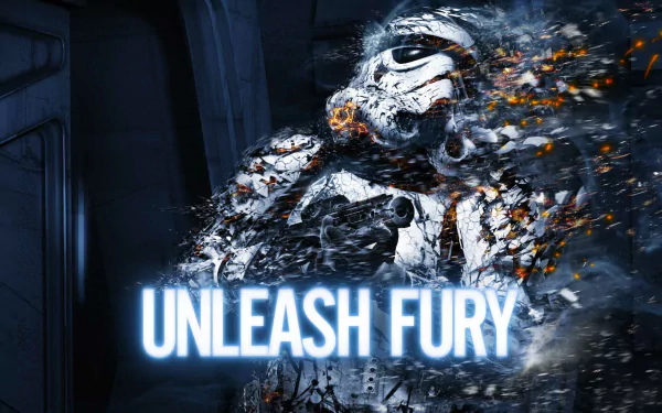 HD PC desktop wallpaper from the video game Star Wars: The Force Unleashed II featuring a disintegrating Stormtrooper with the text Unleash Fury.