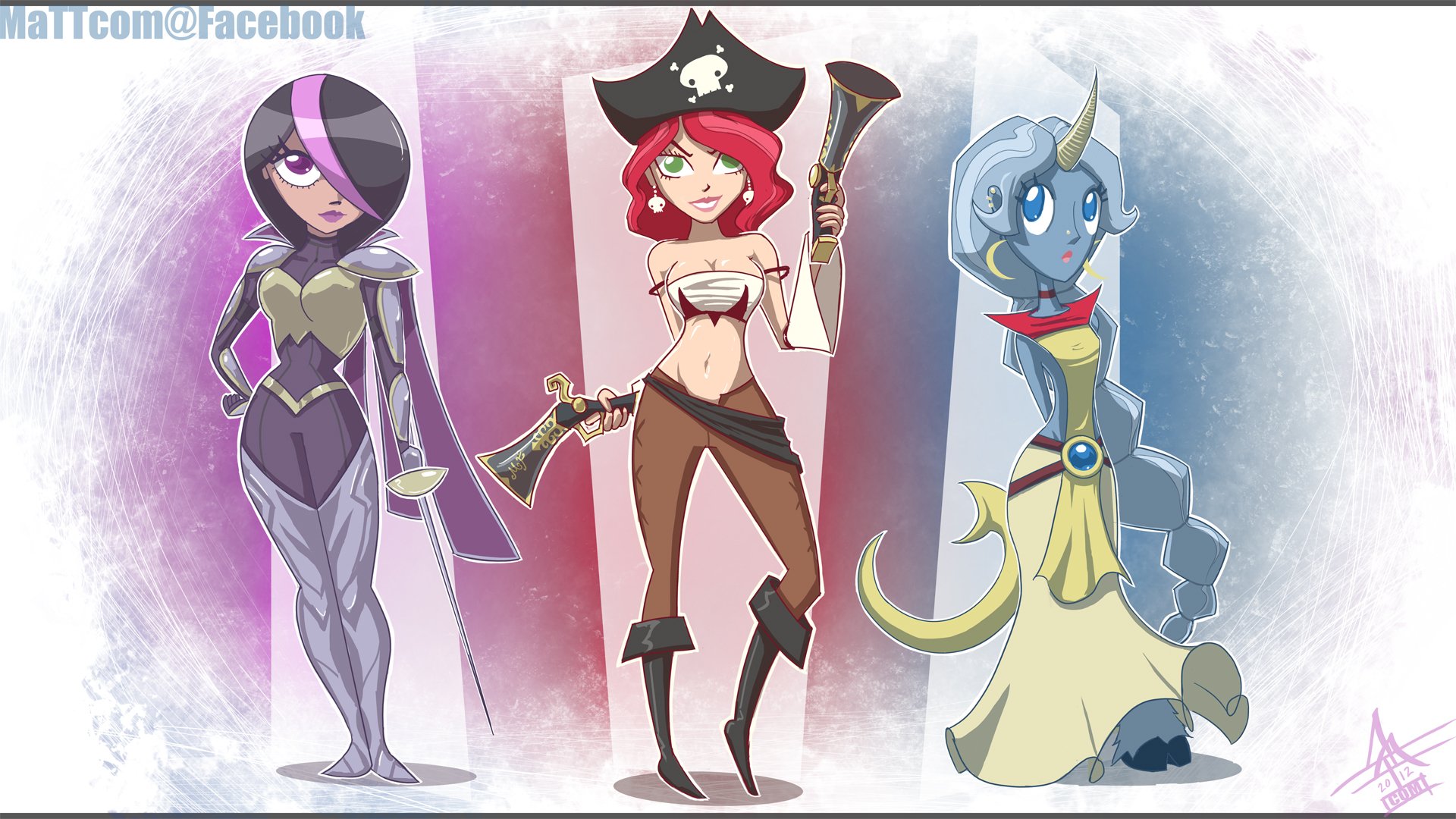 HD PC desktop wallpaper of League of Legends: stylized Miss Fortune, Fiora and Soraka standing side-by-side on a pastel background; Miss Fortune holds pistols.
