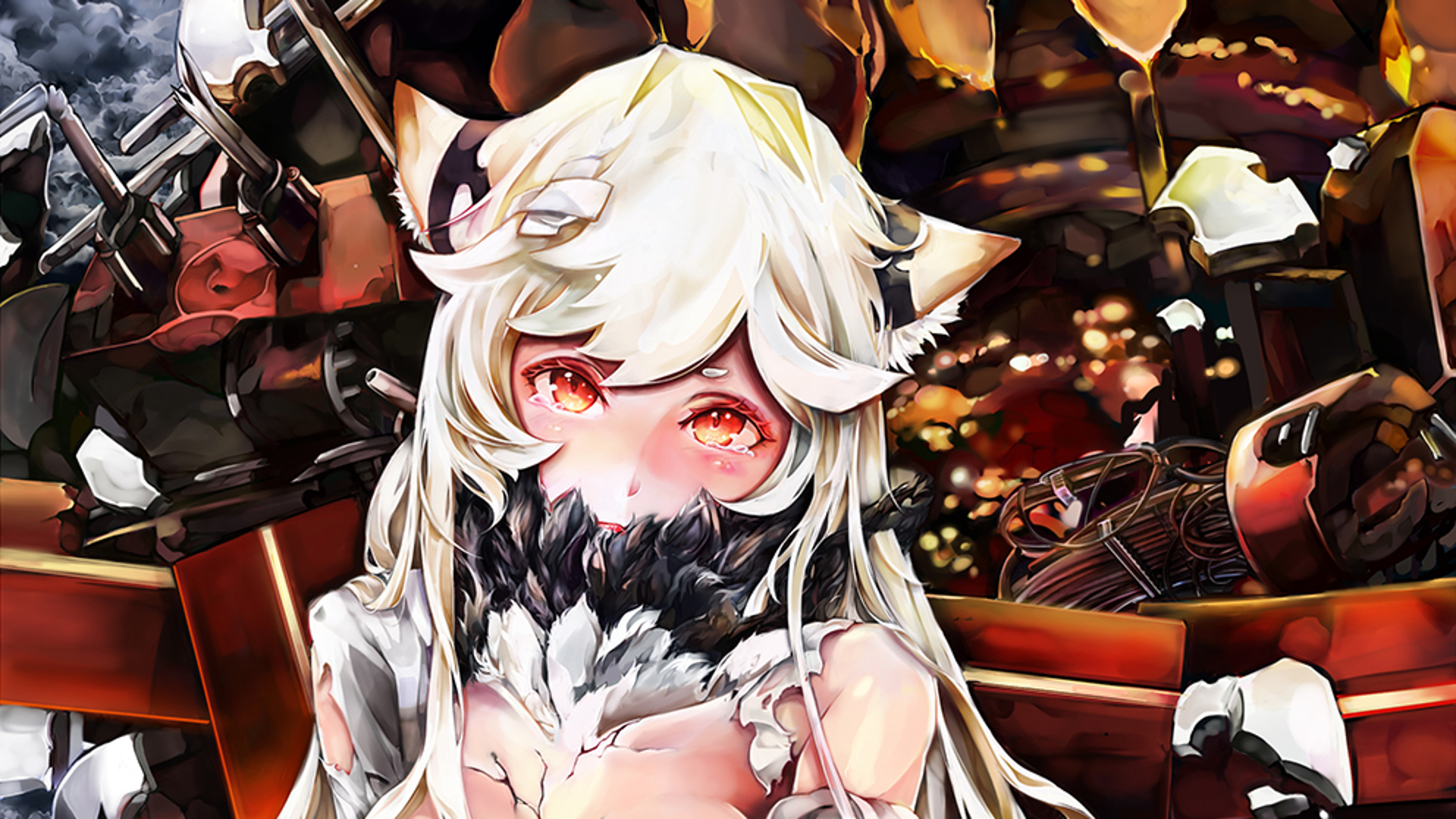 HD anime desktop wallpaper featuring a detailed Kantai Collection character with white hair and red eyes, set against a dark, mechanical background.