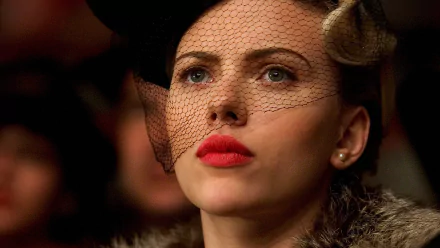 Close-up of Scarlett Johansson wearing a black veil and red lipstick in a scene from the movie The Black Dahlia, featured as an HD PC desktop wallpaper.
