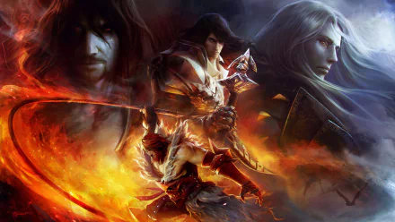 HD PC desktop wallpaper featuring intense characters from the video game Castlevania: Lords of Shadow - Mirror of Fate with fiery and shadowy backgrounds.